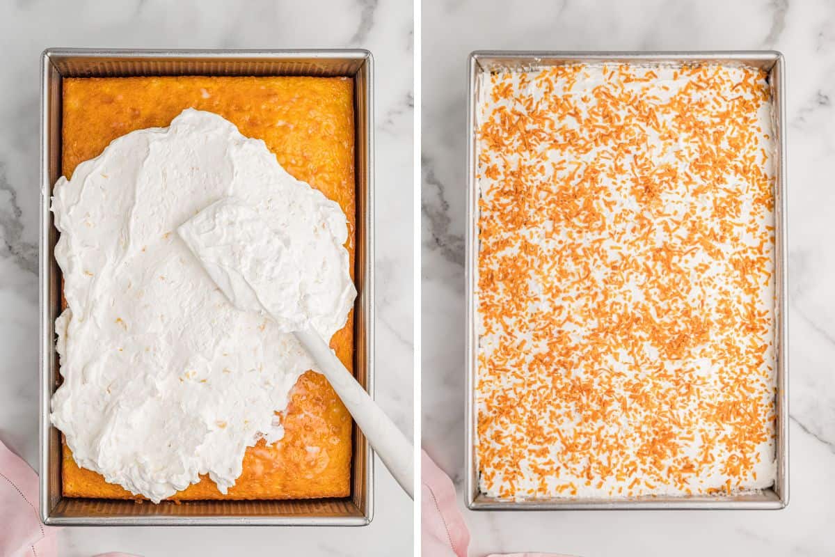 Two photos: whipped topping being spread over the cake with a spatula, and toasted coconut sprinkled over the top.