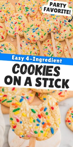Top: sprinkle sugar cookies on sticks on a wooden board. Bottom: a hand holding one with a bite taken out. Overlay text: Party Favorite! Easy 4-Ingredient Cookies on a Stick.