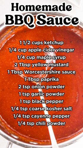 Barbecue sauce in a saucepan with text overlay: Homemade BBQ Sauce, plus the ingredient list.