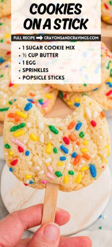 A hand holding a sprinkle sugar cookie on a stick with a bite taken out, a plate of cookies behind. Overlay text: Cookies on a Stick, Full Recipe, crayonsandcravings.com, 1 sugar cookie mix, 1/2 cup butter, 1 egg, sprinkles, popsicle sticks.