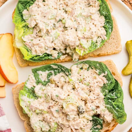 Two open-faced tuna salad sandwiches on lettuce and toast with apple slices and pickles nearby.