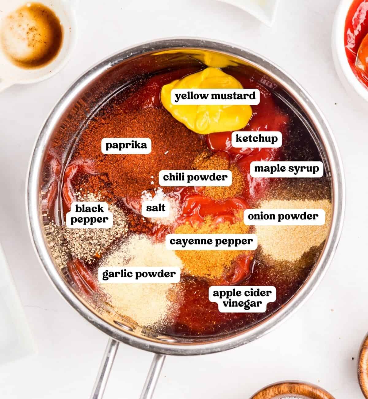 Barbecue sauce ingredients in a saucepan with labels: ketchup, yellow mustard, maple syrup, paprika, chili powder, cayenne, salt, black pepper, garlic powder, onion powder, apple cider vinegar.