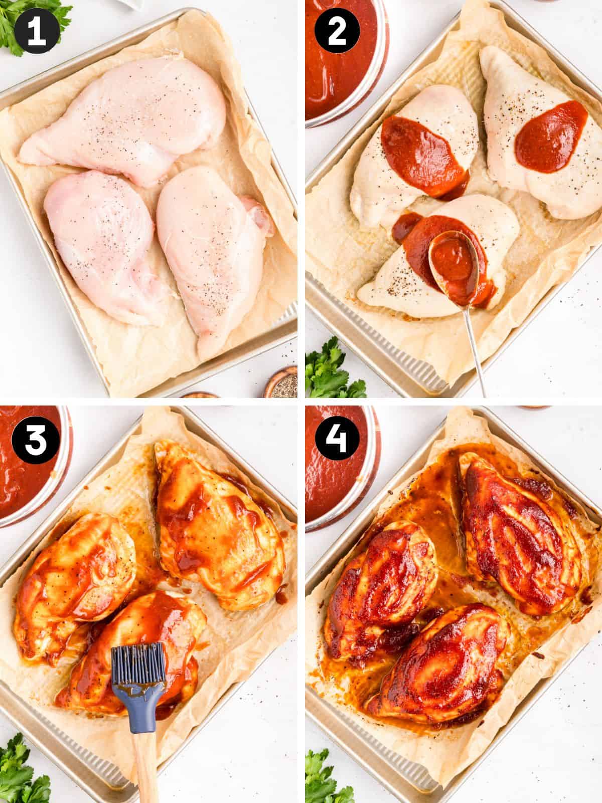 Four steps: seasoned raw breasts, sauce spooned on, sauce brushed on, and the finished glazed chicken on a sheet pan.