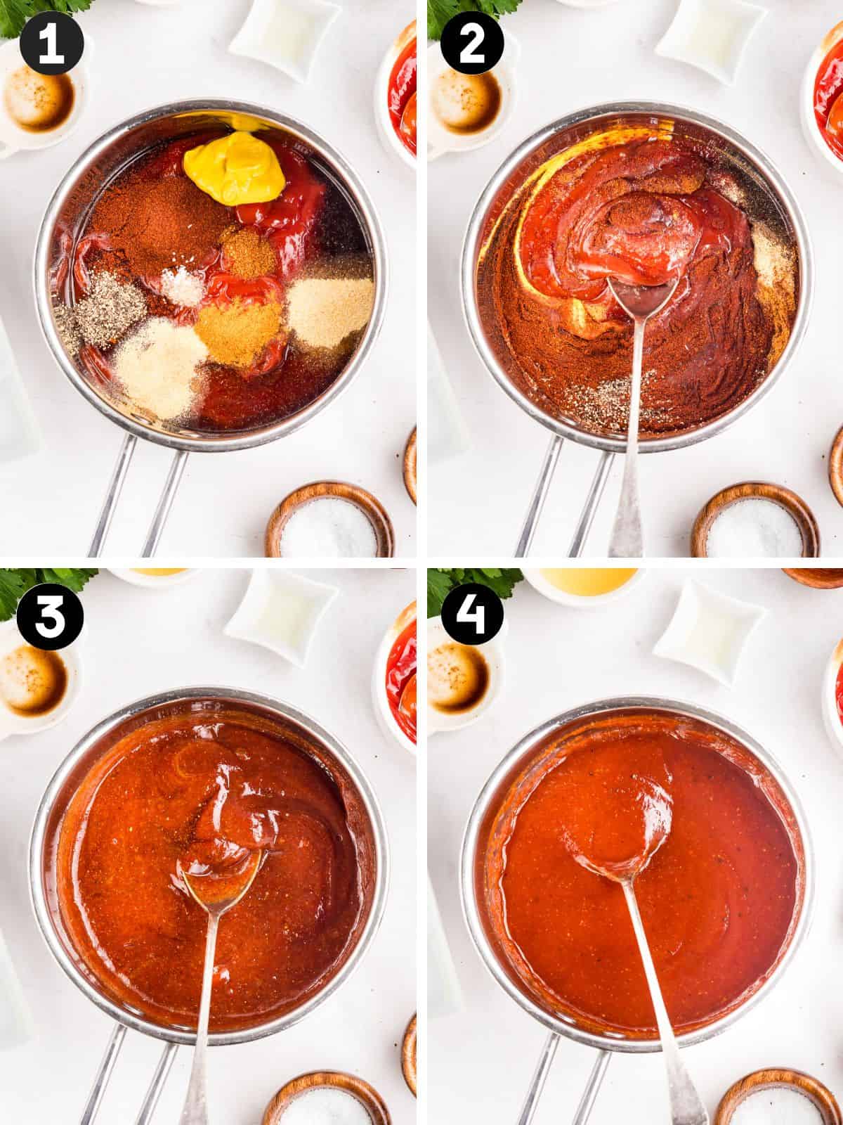Four steps in a saucepan: BBQ sauce ingredients added, stirred together, sauce partly combined, then smooth finished sauce with a spoon.