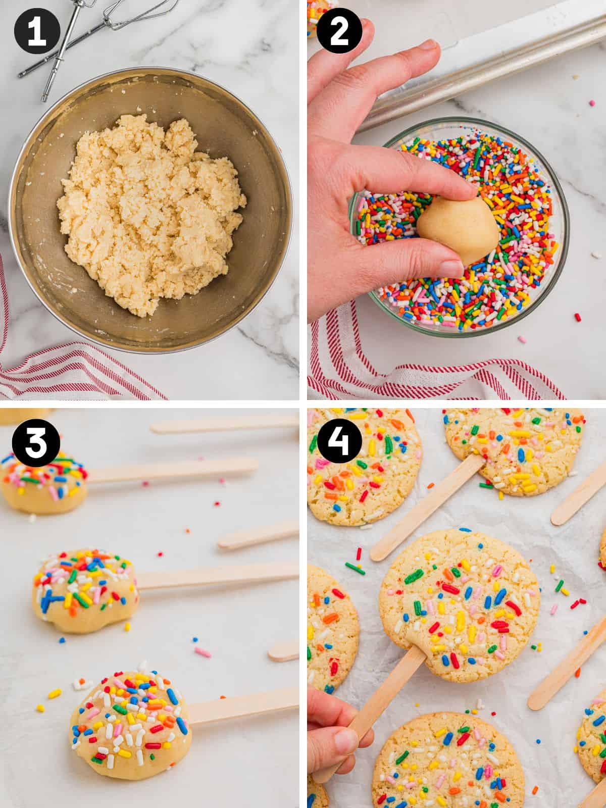 Four steps: cookie dough in bowl, a dough ball pressed into sprinkles, sprinkle-topped dough pucks on sticks, and a stick pushed into a baked cookie.