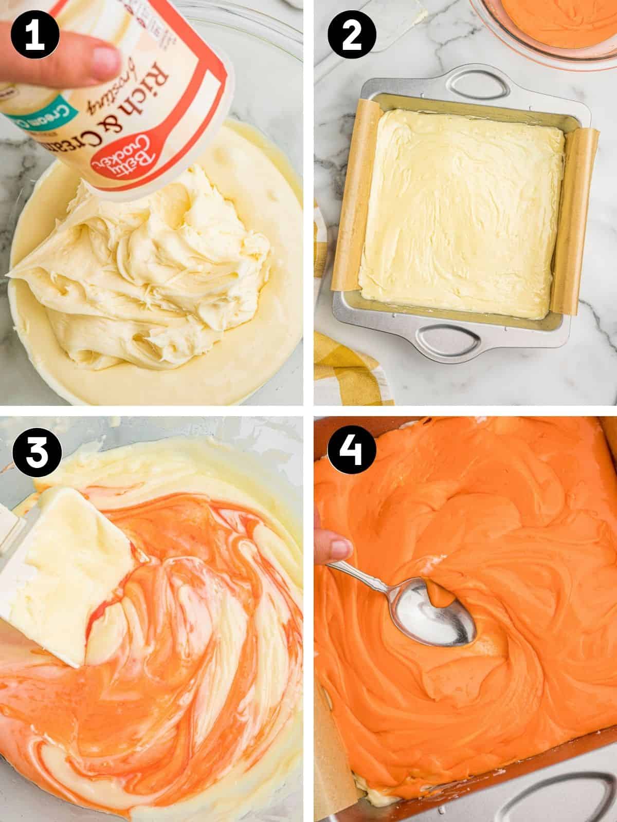 Four steps: frosting added to melted white chocolate, the white layer smoothed in a pan, orange swirled in a bowl, then swirled in the pan.