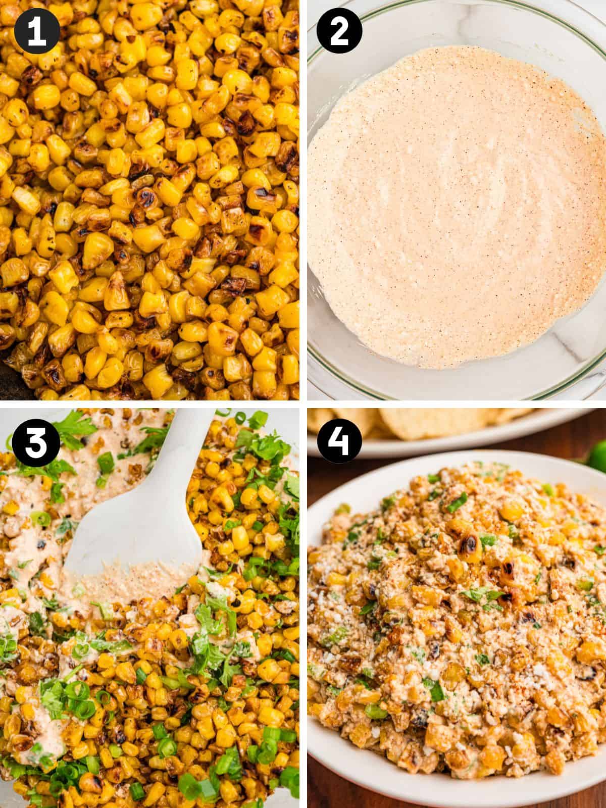 Four steps: charred corn in a skillet, the creamy spiced dressing, everything stirred together, then the finished dip in a bowl.