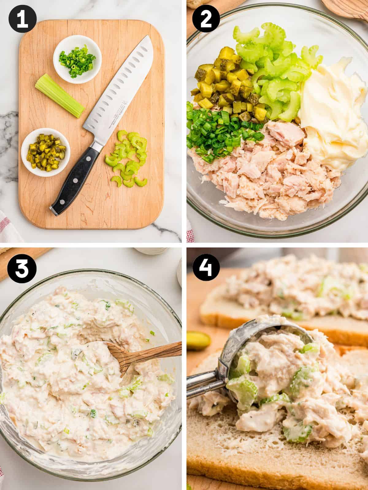 Four steps: chopped celery and pickles on a board, the ingredients in a bowl, the mixed salad, then a scoop onto bread.