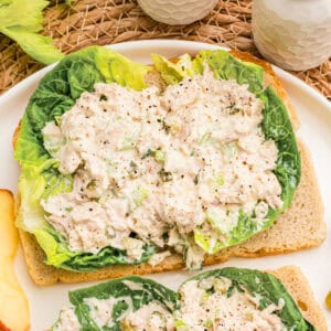 Open-faced tuna salad piled on lettuce and toasted bread with apple slices on the side.