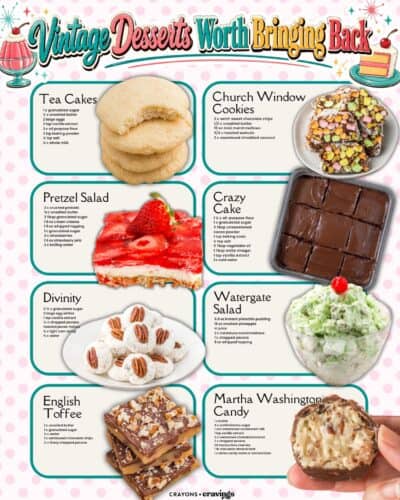 A Crayons and Cravings graphic titled Vintage Desserts Worth Bringing Back, showing eight old fashioned desserts with ingredient lists: tea cakes, church window cookies, strawberry pretzel salad, crazy cake, divinity, watergate salad, English toffee, and Martha Washington candy.