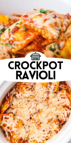 Top: a spoonful of cheesy ravioli. Bottom: melted mozzarella over ravioli in a slow cooker. Overlay text: Crockpot Ravioli.