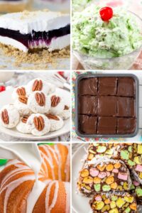 A six-photo collage of old fashioned desserts: blueberry delight, watergate salad, pecan snowball cookies, chocolate crazy cake, a glazed pound cake, and church window cookies.
