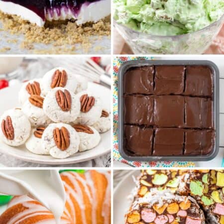 A six-photo collage of old fashioned desserts: blueberry delight, watergate salad, pecan snowball cookies, chocolate crazy cake, a glazed pound cake, and church window cookies.