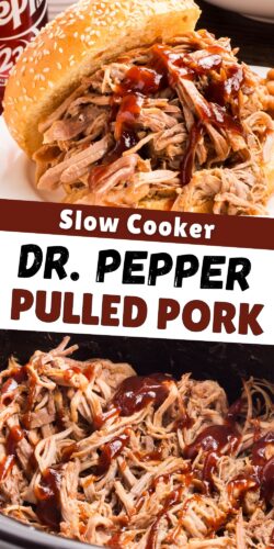 Top: a pulled pork sandwich with barbecue sauce. Bottom: shredded pork in a slow cooker. Overlay text: Slow Cooker Dr. Pepper Pulled Pork.