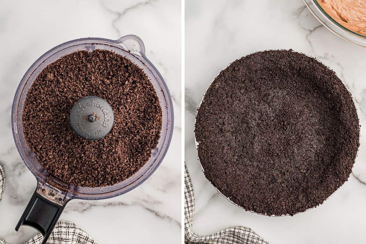 Left: Oreo crumbs in a food processor bowl. Right: the crumb crust pressed into a pie plate.