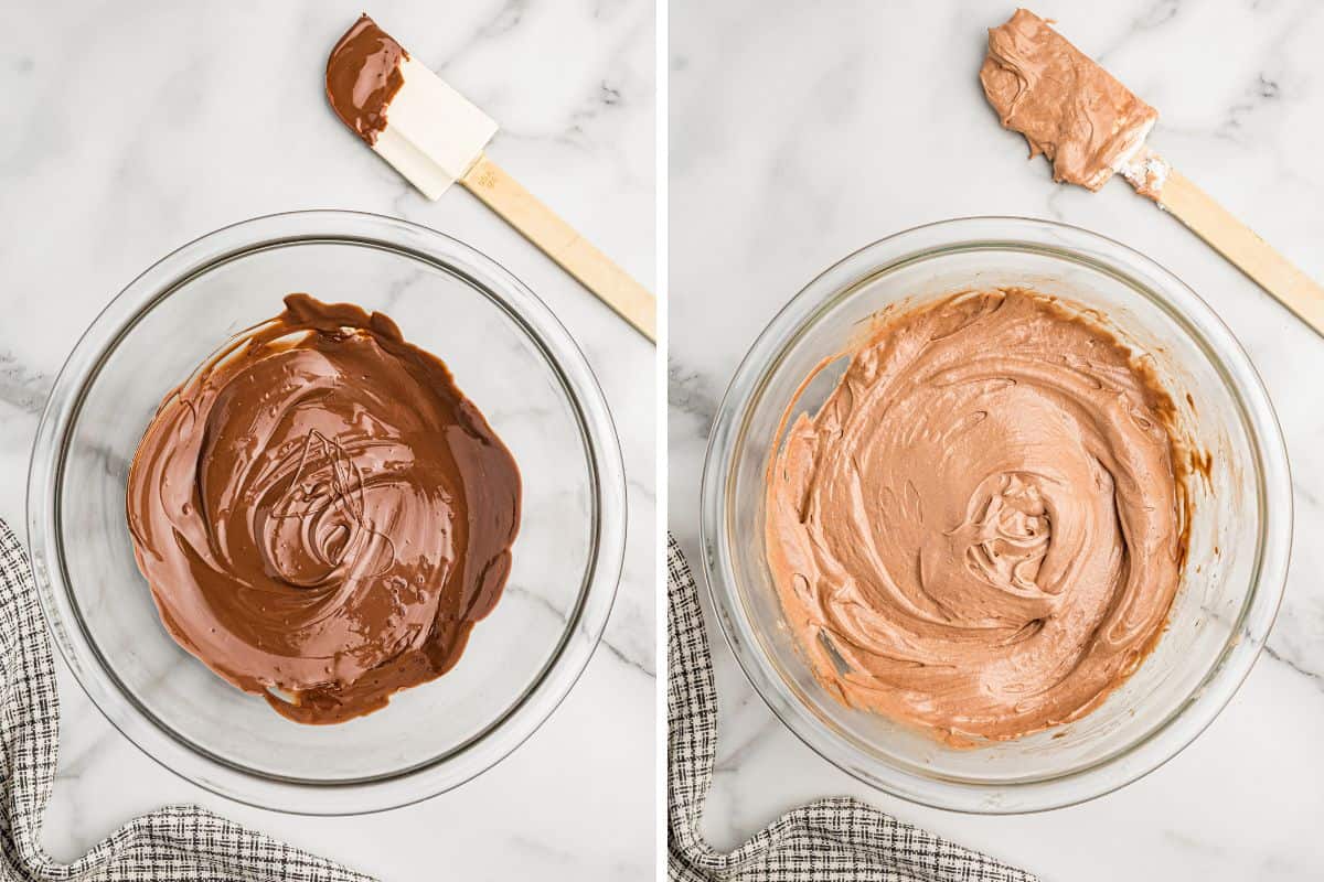 Left: melted chocolate in a glass bowl. Right: whipped topping folded into the chocolate until light and smooth.