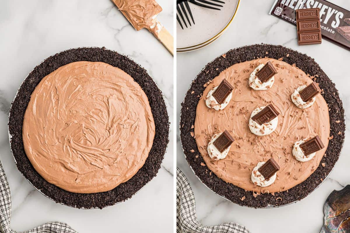 Left: the filling smoothed into the Oreo crust. Right: the finished pie garnished with whipped cream and Hershey's pieces.