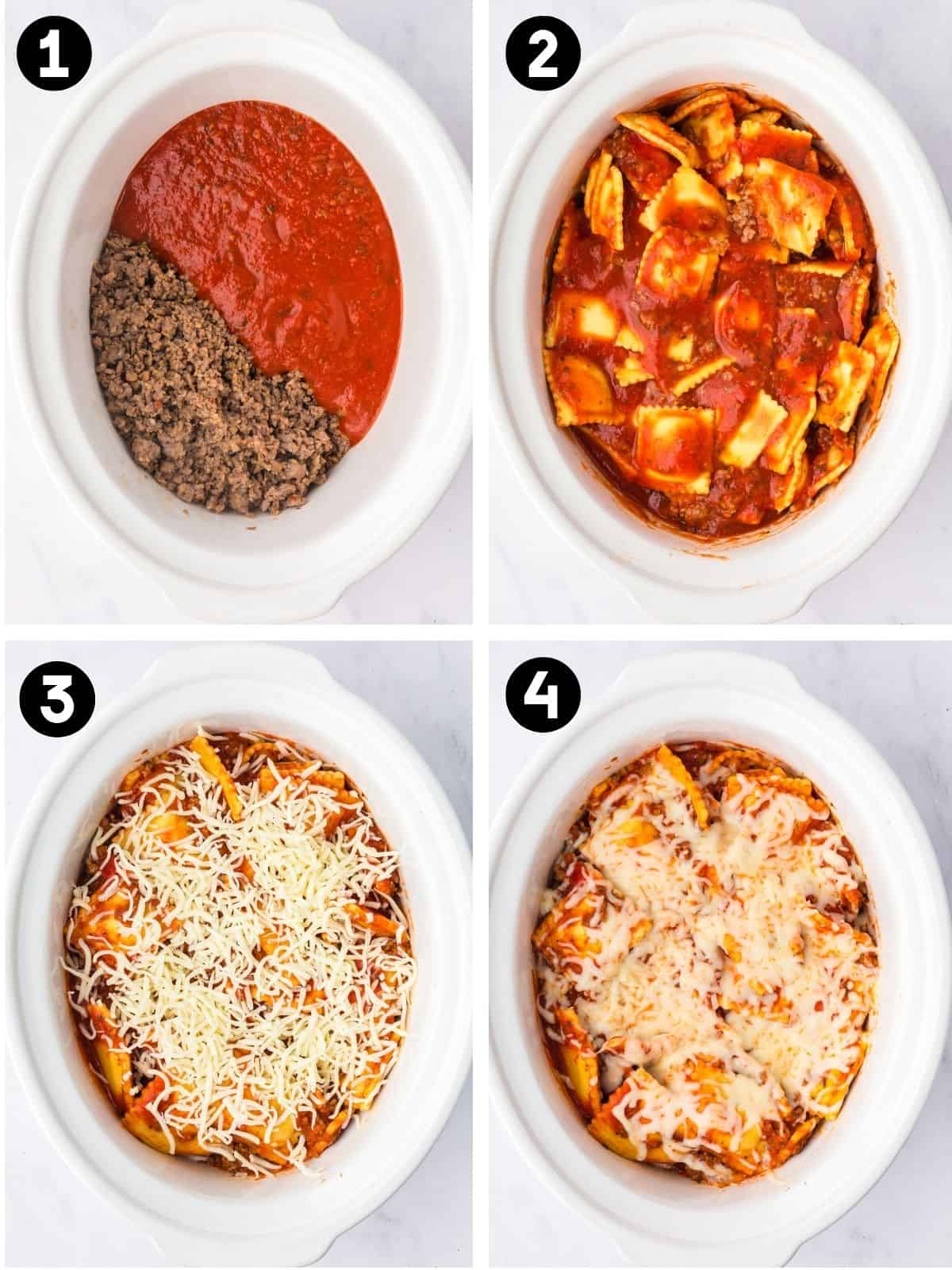 Four steps in a white slow cooker: browned sausage with sauce, ravioli stirred in, shredded cheese on top, and the melted cheesy finish.