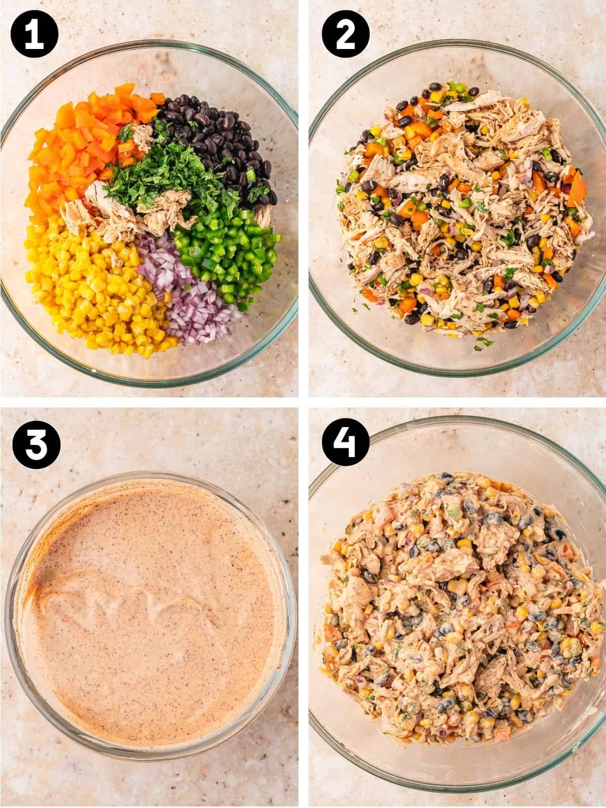 Four steps: chopped vegetables and chicken in a bowl, mixed together, the creamy dressing whisked, and the finished salad tossed.