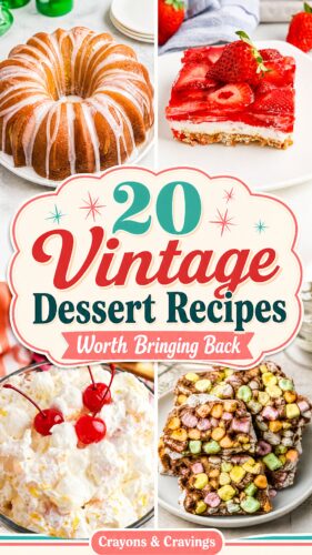 Vintage-style collage featuring glazed Bundt cake, strawberry pretzel salad, creamy retro fruit salad with cherries, and colorful chocolate marshmallow cookies with text reading “20 Vintage Dessert Recipes Worth Bringing Back.