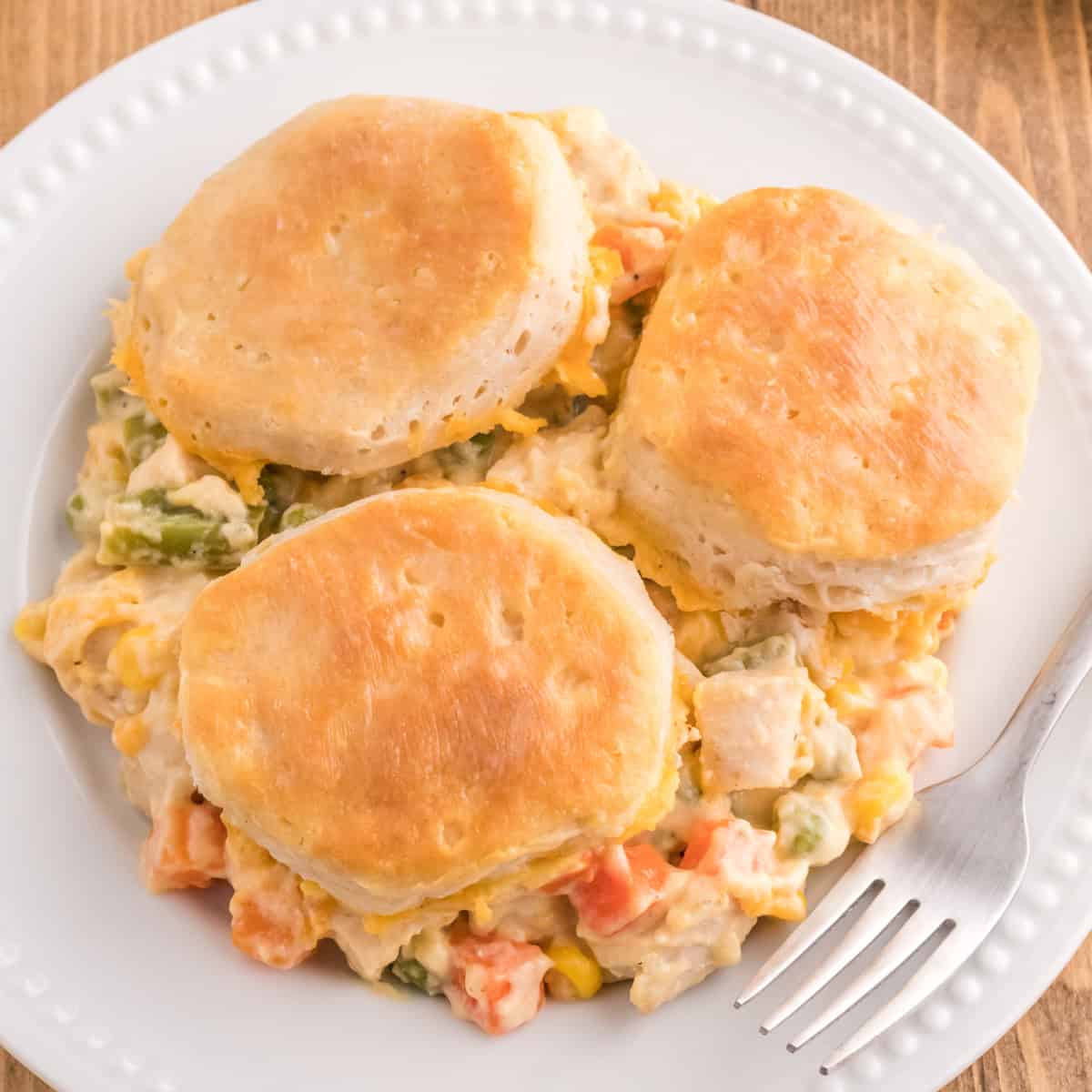 Chicken pot pie casserole with biscuits on a plate, three biscuits over creamy chicken, carrots, corn, and green beans.
