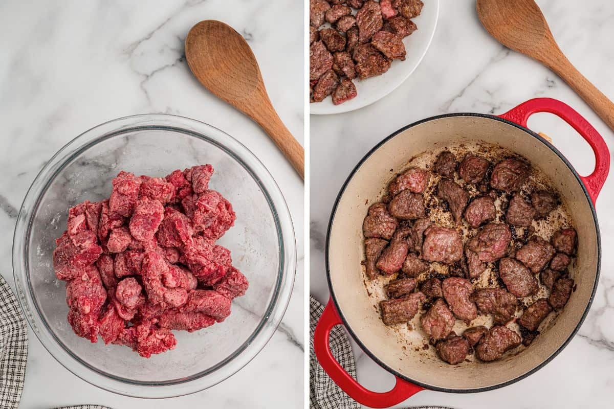 Left: flour-coated beef in a glass bowl. Right: beef browning in a Dutch oven beside a plate of browned pieces.