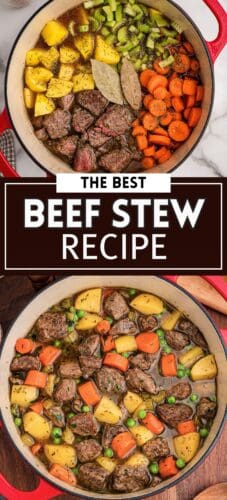 Top: browned beef, potatoes, celery, carrots, and bay leaves in a pot. Bottom: the finished stew. Overlay text: The Best Beef Stew Recipe.