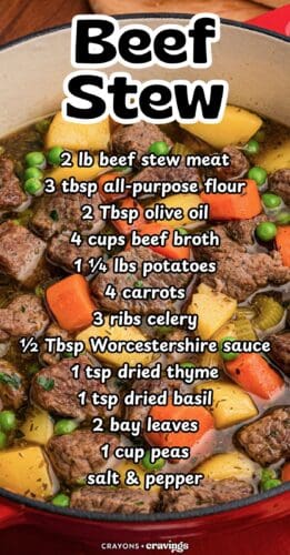 Beef stew in a red pot with overlay text: Beef Stew, plus the full ingredient list.