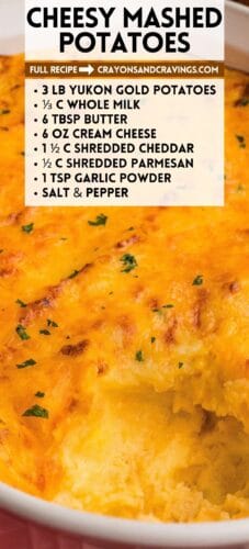 Close-up of baked cheddar-topped mashed potatoes with overlay text: Cheesy Mashed Potatoes, Full Recipe crayonsandcravings.com, plus the ingredient list.