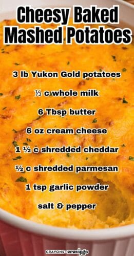 Golden baked cheddar topping in a white dish with overlay text: Cheesy Baked Mashed Potatoes, plus the ingredient list.