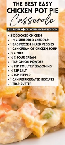 A close up of the creamy chicken and vegetable filling with biscuit edges. Overlay text: The Best Easy Chicken Pot Pie Casserole, full recipe at crayonsandcravings.com, plus the ingredient list.