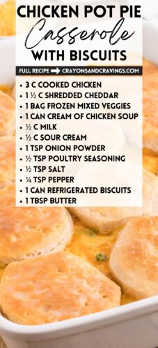 Golden biscuits over cheesy chicken filling in a white dish. Overlay text: Chicken Pot Pie Casserole With Biscuits, full recipe at crayonsandcravings.com, plus the ingredient list.