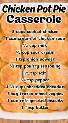 Overhead of biscuits over cheesy chicken filling on a wood table. Overlay text: Chicken Pot Pie Casserole, plus the full ingredient list.