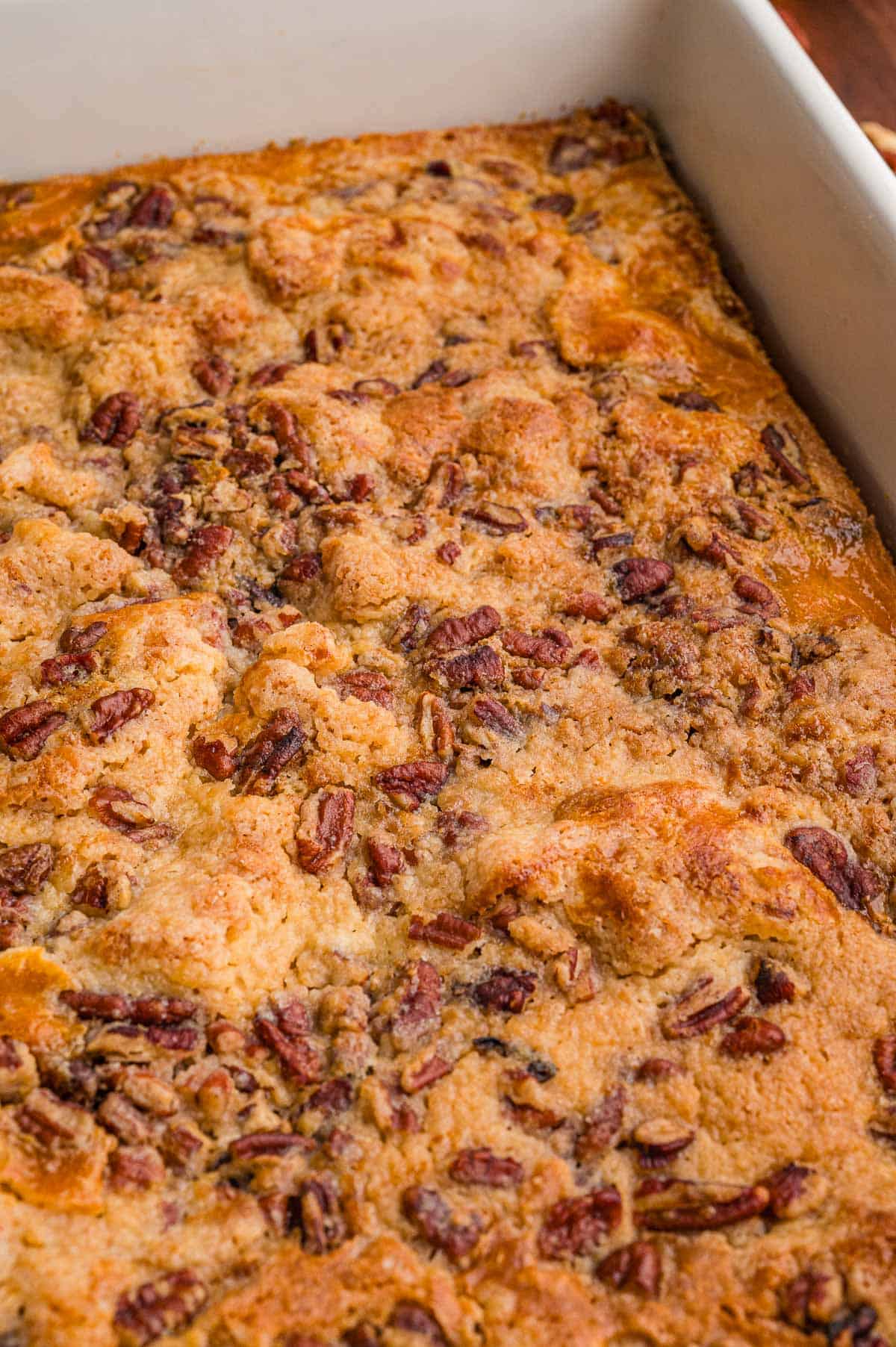 Golden baked cake topped with chopped pecans in the corner of a white baking dish.