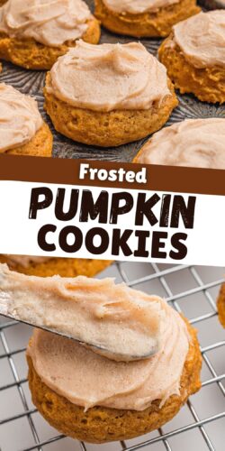 Top: frosted cookies on a metal tray. Bottom: an offset spatula frosting a cookie. Overlay text: Frosted Pumpkin Cookies.
