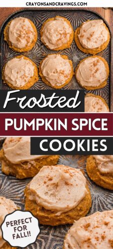 Top: six cinnamon-dusted cookies in a pan. Bottom: a close view of one. Overlay text: Crayonsandcravings.com, Frosted Pumpkin Spice Cookies, Perfect for Fall!!
