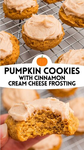 Top: frosted cookies on a cooling rack. Bottom: a hand holding a cookie with a bite taken. Overlay text: Pumpkin Cookies with Cinnamon Cream Cheese Frosting.