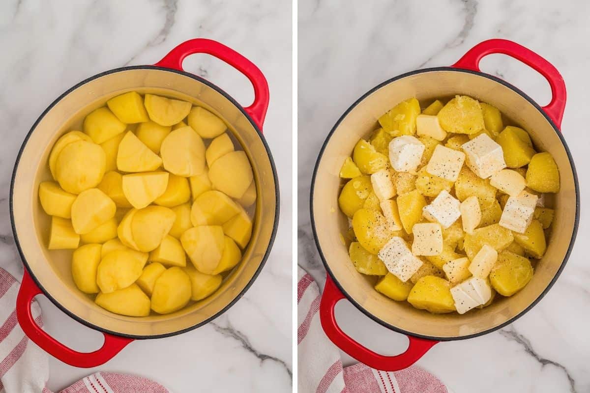 Left: peeled potato chunks covered with water in a red-handled pot. Right: drained potatoes topped with cubes of butter, cream cheese, and seasoning.