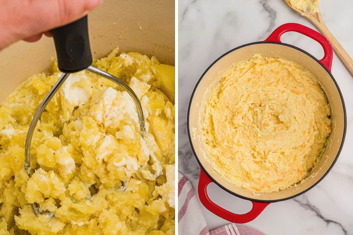 Left: potatoes and cream cheese being mashed with a potato masher. Right: creamy mashed potatoes with shredded cheddar stirred in.