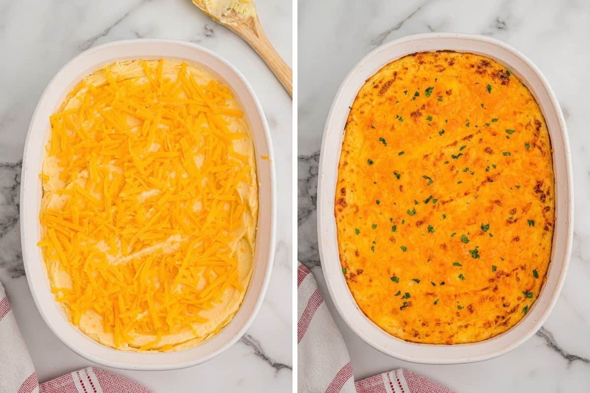 Left: mashed potatoes in a white oval dish covered with shredded cheddar. Right: the same dish baked golden and sprinkled with parsley.
