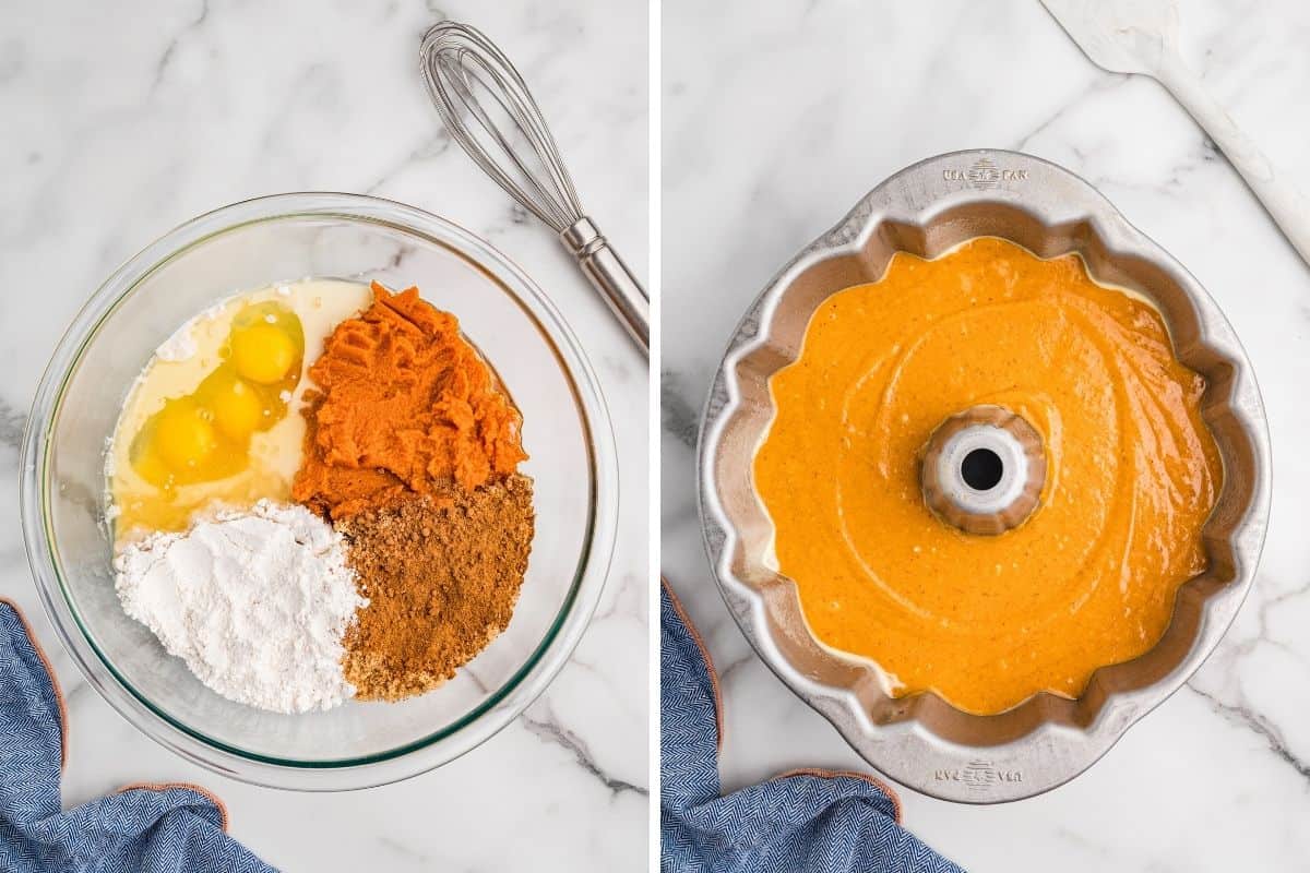 Left: eggs, pumpkin puree, cake mix, brown sugar and spice in a glass bowl. Right: orange batter poured into a bundt pan.
