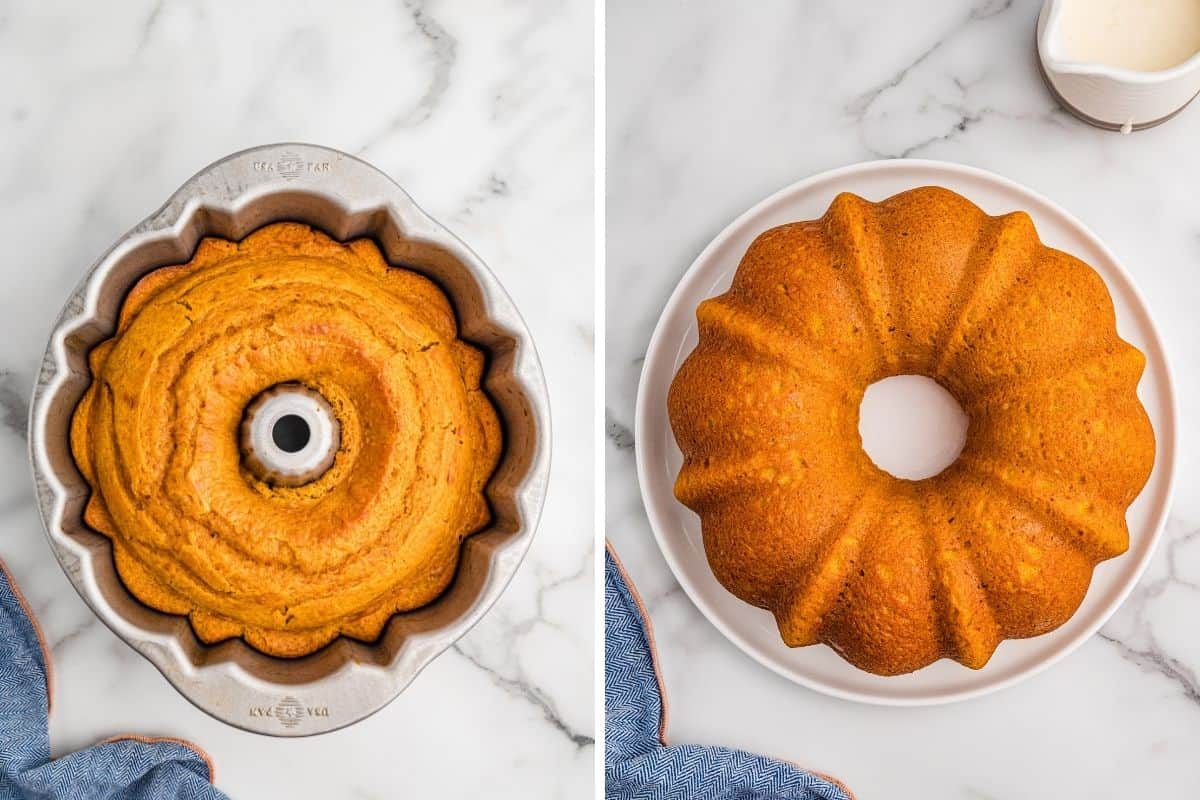 Left: the baked cake still in the bundt pan. Right: the cake turned out onto a white plate to cool.