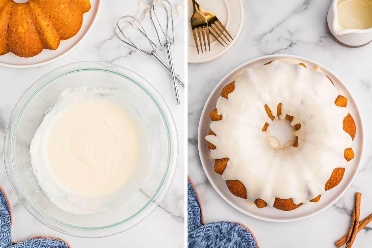 Left: cream cheese glaze whisked smooth in a glass bowl. Right: the glaze poured over the cake on a plate.