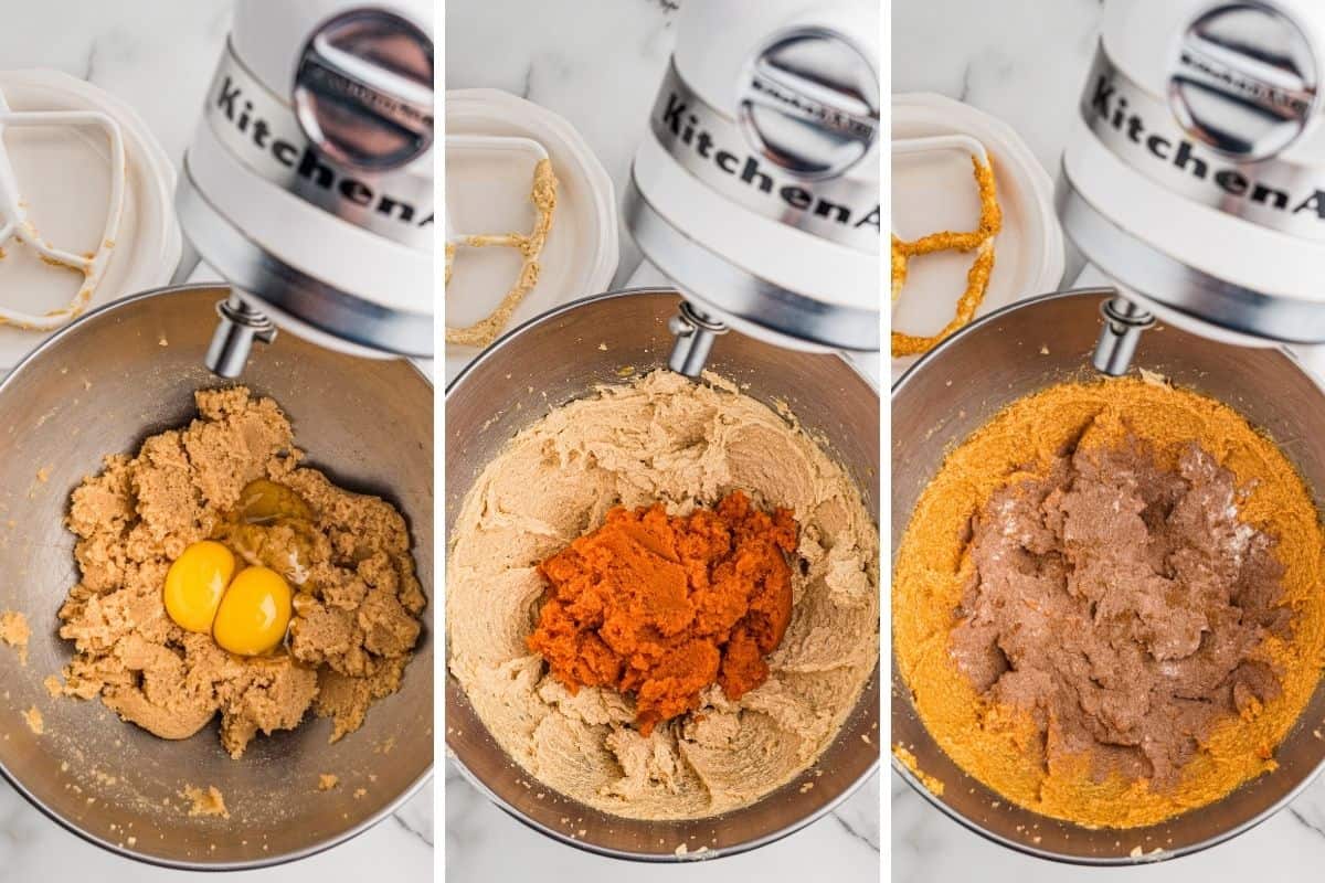 Three panels: eggs added to creamed butter and sugar, pumpkin puree added, then spices sprinkled over the top.