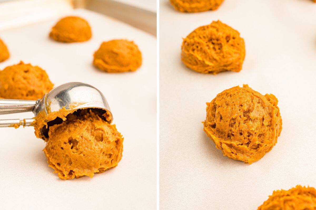 Left: batter being released from a cookie scoop onto parchment. Right: a scooped mound on the pan.