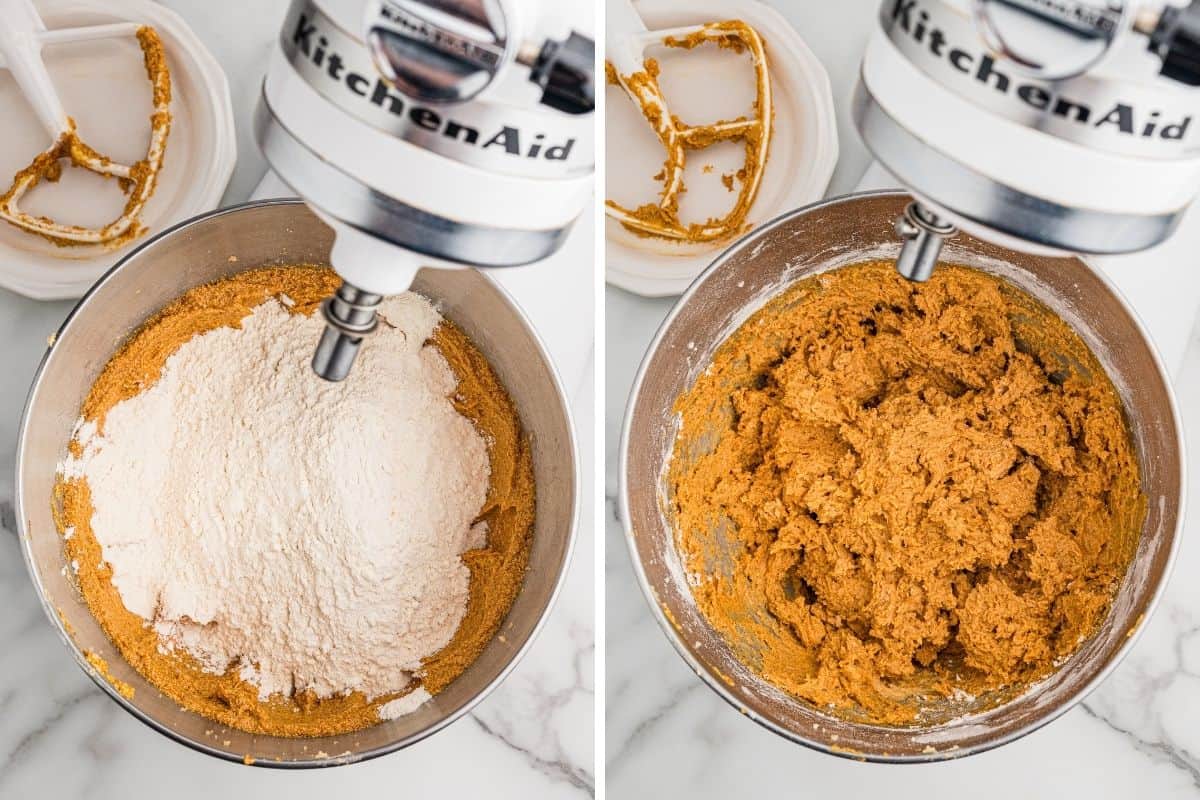 Two panels: flour poured over the pumpkin mixture in a stand mixer bowl, then the finished cookie dough.