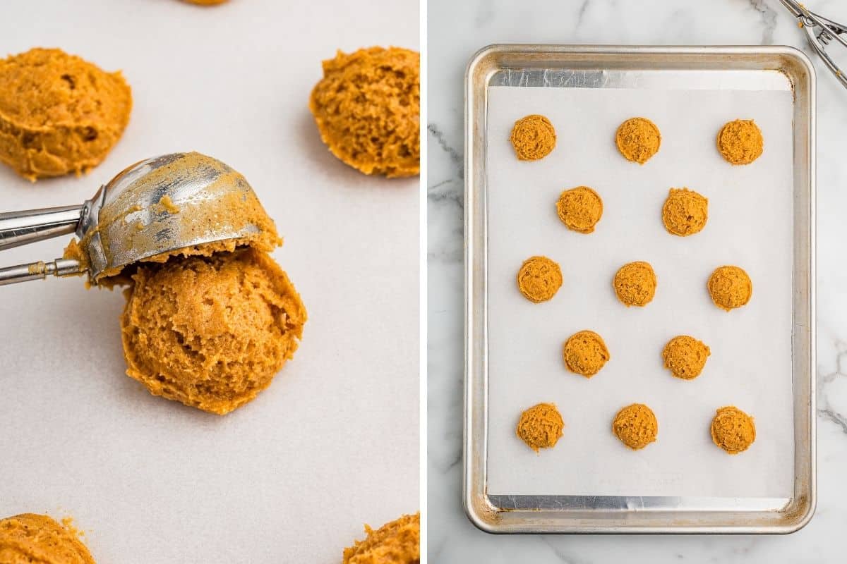 Two panels: a cookie scoop releasing pumpkin dough, then portioned mounds on a parchment-lined baking sheet.