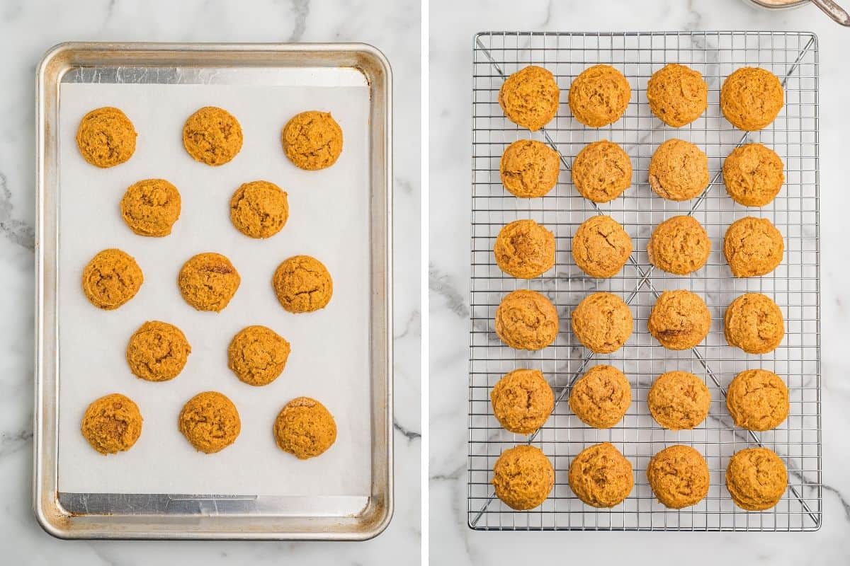 Two panels: baked pumpkin cookies on a parchment-lined sheet, then cooling in rows on a wire rack.