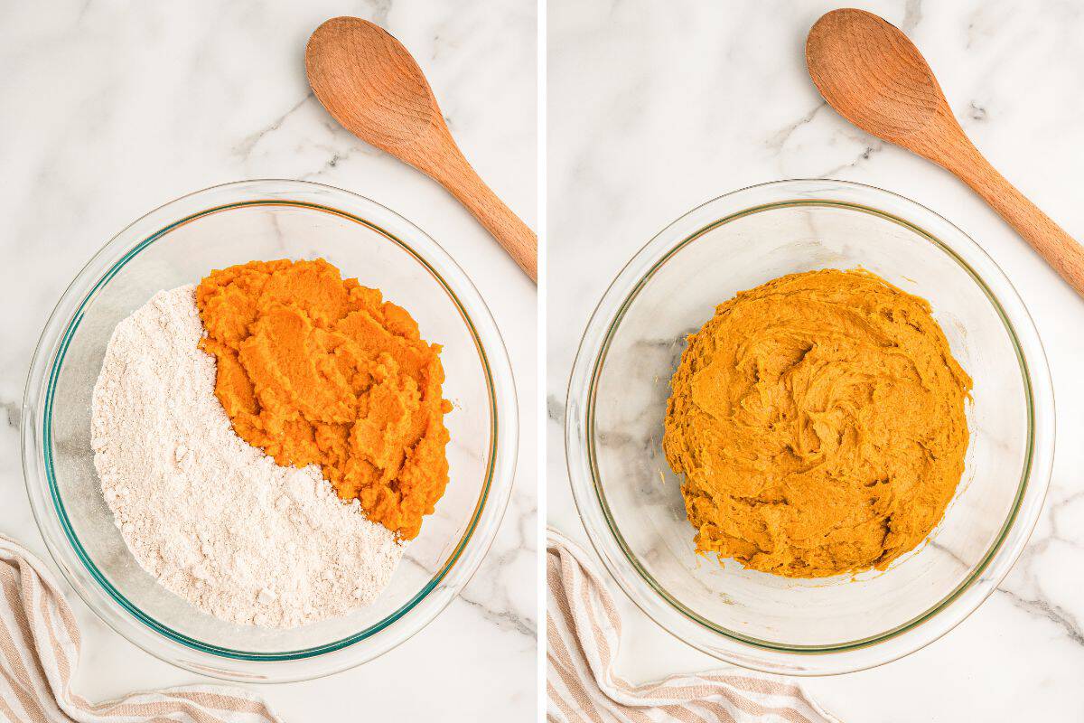 Left: dry cake mix and pumpkin puree in a glass bowl. Right: the mixed batter.