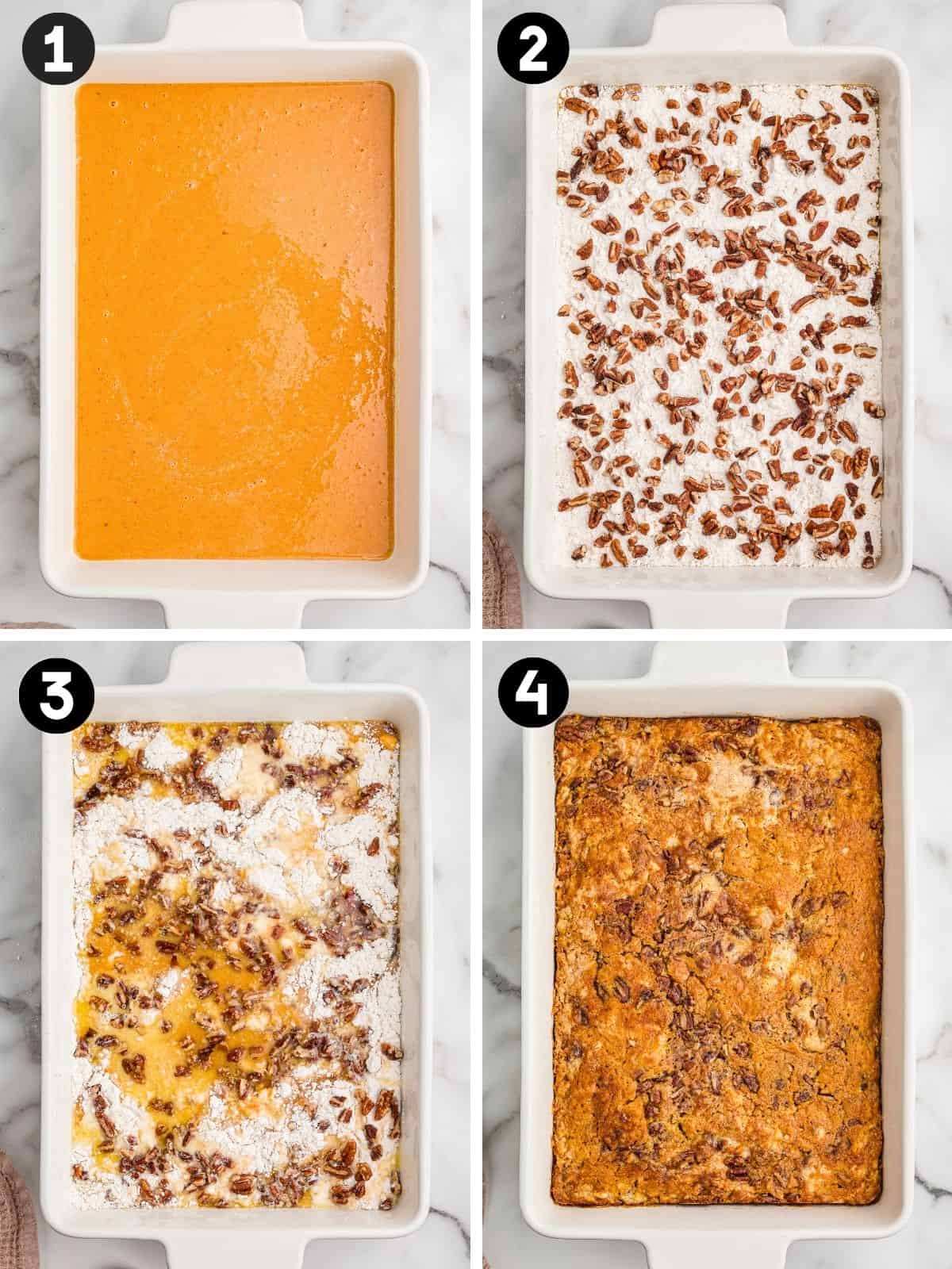 Four steps: pumpkin batter in a baking dish, dry cake mix and pecans on top, melted butter drizzled over, and the finished baked cake.
